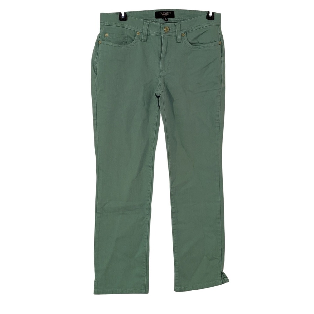 Talbots Petites Sage Green Straight Leg Pants Gold Zipper Back Pockets Size 2P